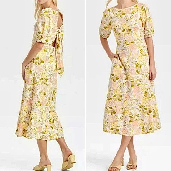 Who What Wear Dresses & Skirts - Linen Floral Print Tie Back Midi/Maxi Dress Puff Sleeves & Side Pockets Size 1X